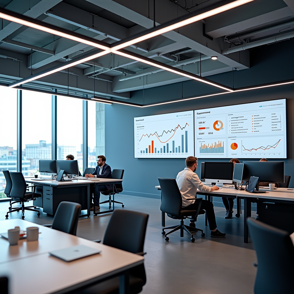 Modern open-plan office workspace in Ireland featuring collaborative desk arrangements, large technology screens displaying booking analytics, and bright natural lighting through floor-to-ceiling windows