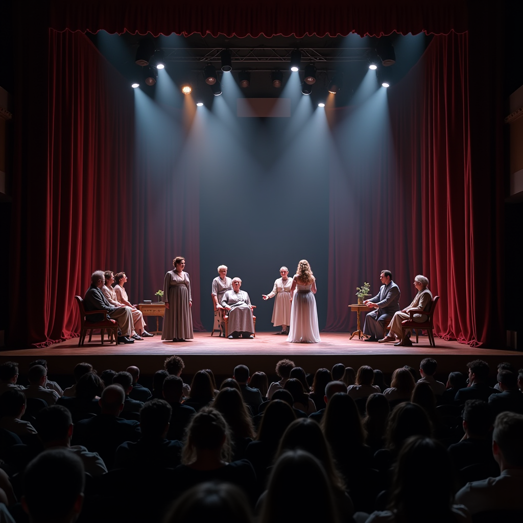 A stunning stage performance at a regional theatre featuring dramatic lighting, elaborate set design, and actors in period costumes performing a classic play before an engaged audience