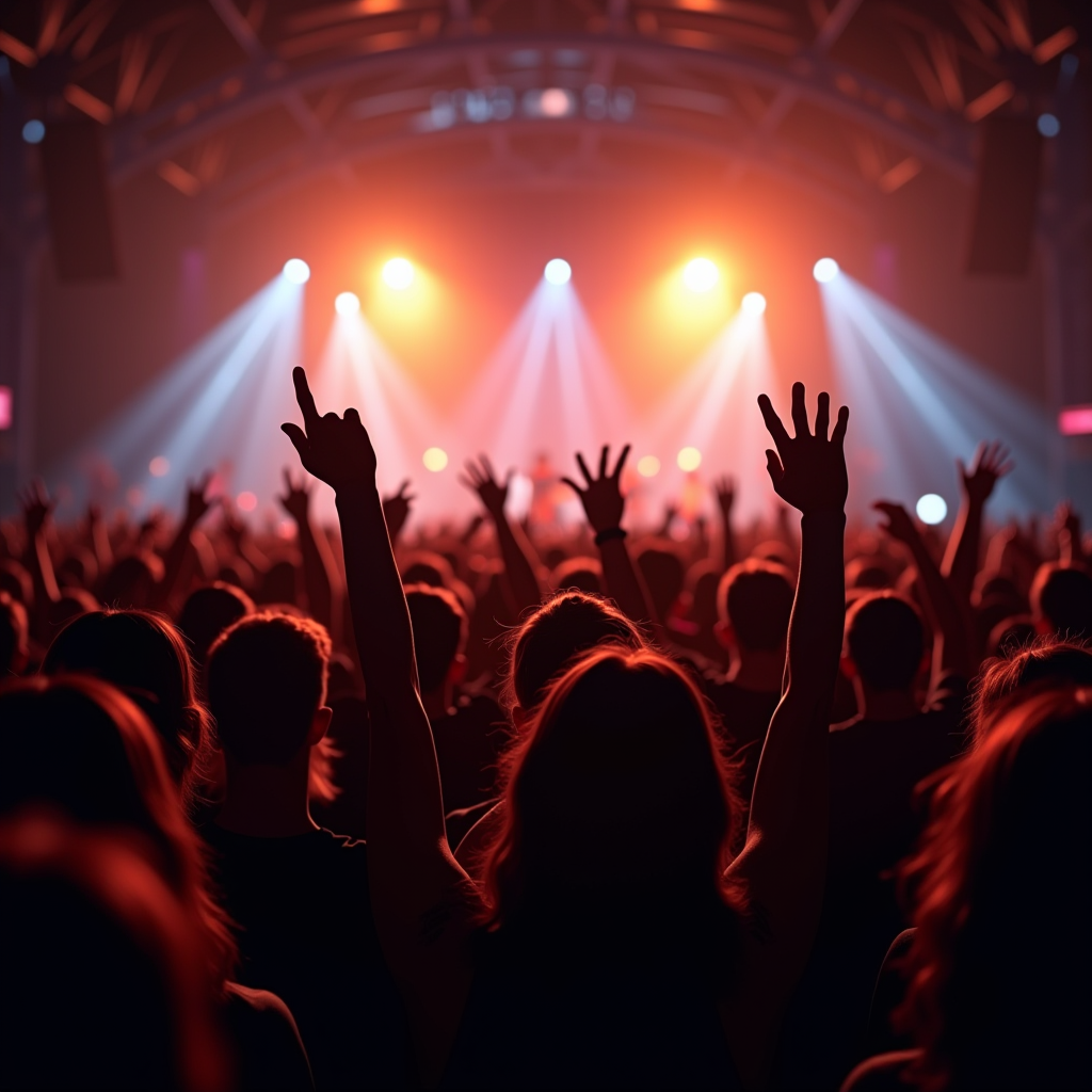 Energetic crowd at a live music venue in Ireland with stage lights and raised hands during a summer festival performance