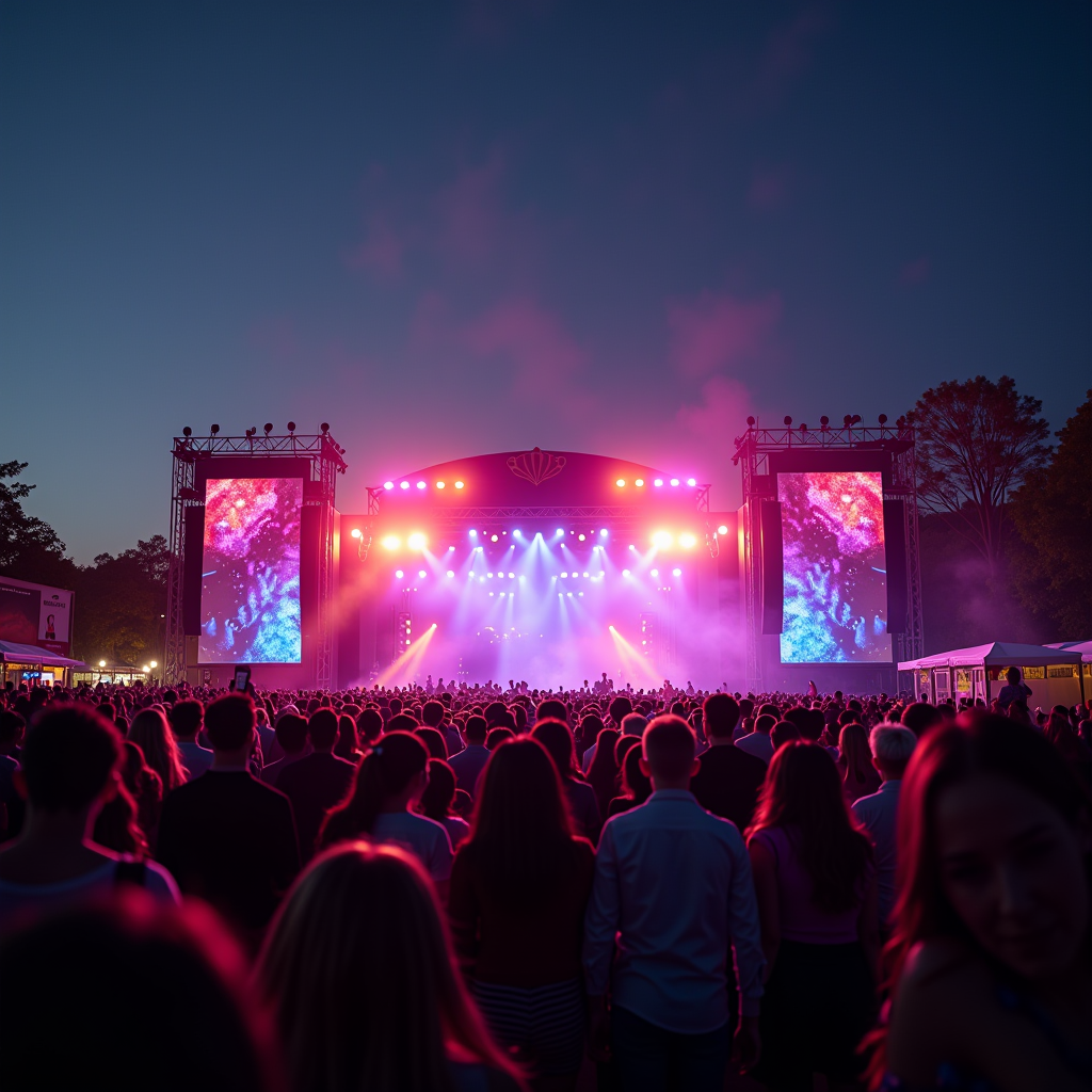 Vibrant outdoor festival crowd with colorful lights and people enjoying a live concert under open sky