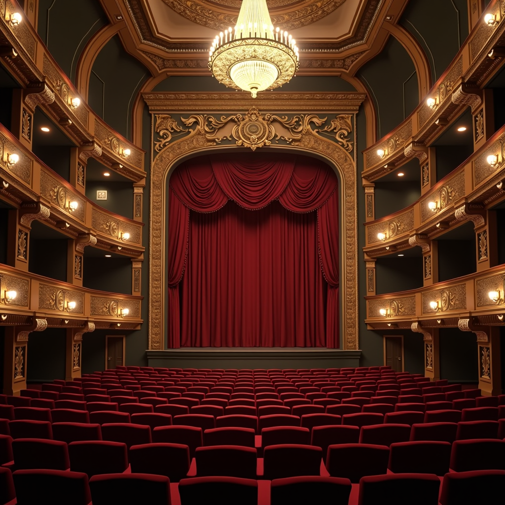 Elegant interior of a grand historic Irish theatre with ornate balcony seating, red velvet curtains, and a glowing chandelier