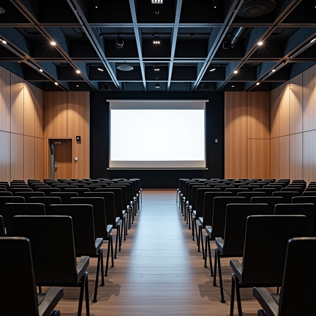 Modern professional conference hall in Ireland with rows of seats, a large presentation screen, and contemporary lighting setup